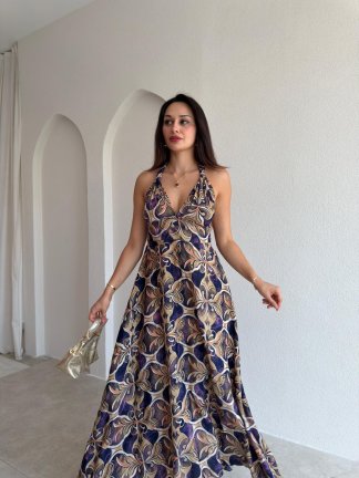 LONA Desenli Midi Elbise 3031 - Mor - 2