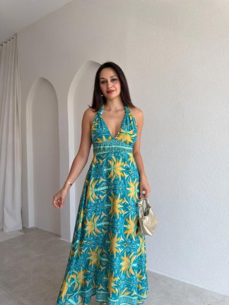 LONA Desenli Midi Elbise 3031 - Yeşil - 2