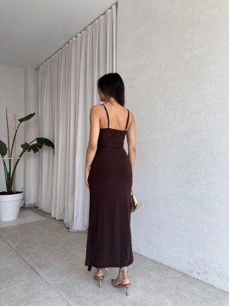 LONGAN Maxi Elbise 8194 - Acı Kahve - 3