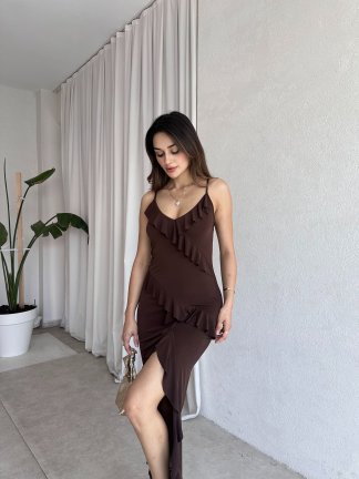 LONGAN Maxi Elbise 8194 - Acı Kahve 