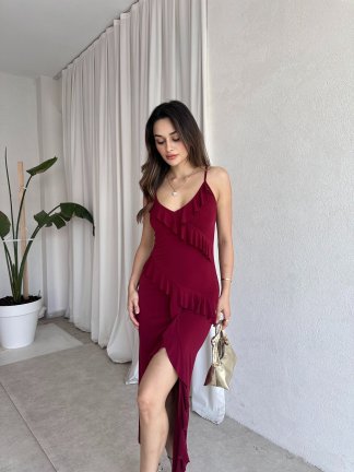 LONGAN Maxi Elbise 8194 - Bordo - 1