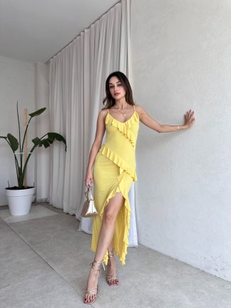 LONGAN Maxi Elbise 8194 - Sarı - 2