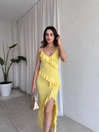 LONGAN Maxi Elbise 8194 - Sarı 