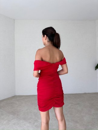 Off Shoulder Draped Linda Dress - Red - 3