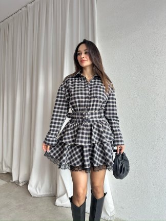 LUCKY Ekose Mini Elbise 8252 - Acı Kahve 