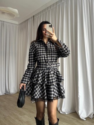 LUCKY Ekose Mini Elbise 8252 - Acı Kahve - 3