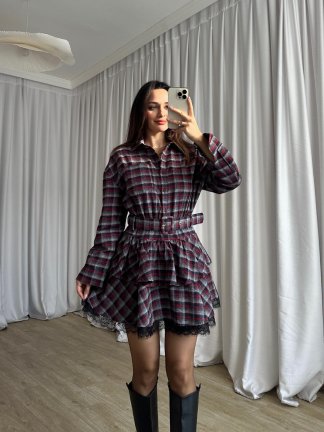 LUCKY Ekose Mini Elbise 8252 - Bordo - 3