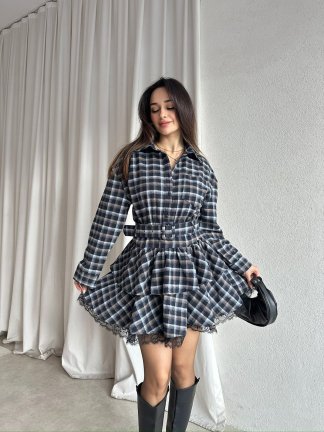 LUCKY Ekose Mini Elbise 8252 - Siyah - 1