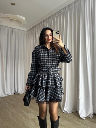 LUCKY Ekose Mini Elbise 8252 - Siyah - 3