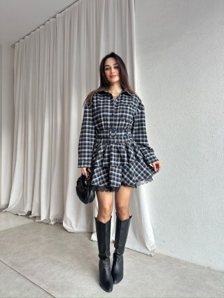 LUCKY Ekose Mini Elbise 8252 - Siyah - 2