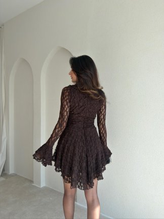 LUJO Dantelli Mini Elbise 9056 - Acı Kahve - 3