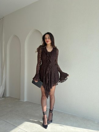 LUJO Dantelli Mini Elbise 9056 - Acı Kahve - 2