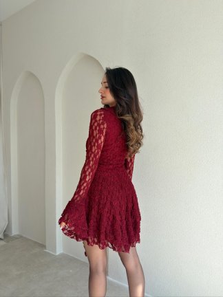 LUJO Dantelli Mini Elbise 9056 - Bordo - 3