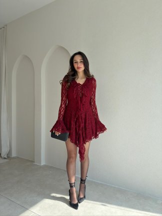 LUJO Dantelli Mini Elbise 9056 - Bordo - 2