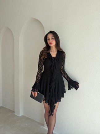  LUJO Dantelli Mini Elbise 9056 - Siyah 