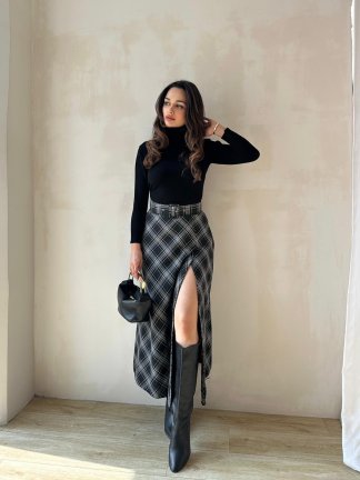 LUNA Desenli Midi Etek 8688 - Gri 