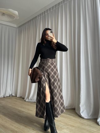 LUNA Desenli Midi Etek 8688 - Kahverengi - 3