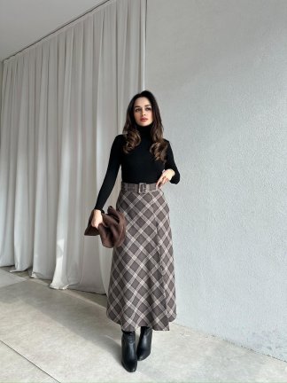 LUNA Desenli Midi Etek 8688 - Kahverengi - 5