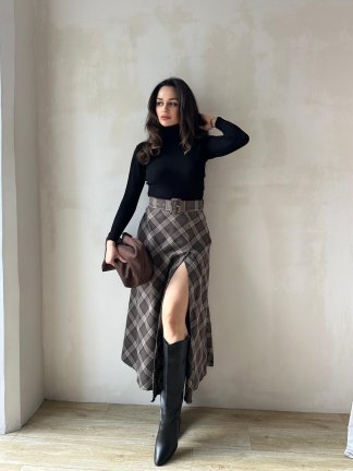 LUNA Desenli Midi Etek 8688 - Kahverengi - 1