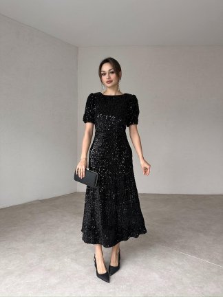 LUTHER Midi Elbise 6438 - Siyah - 3