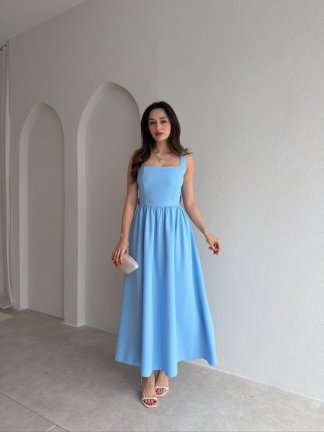 LYDİA Fiyonk Detaylı Maxi Elbise 4818 - Bebe Mavisi 