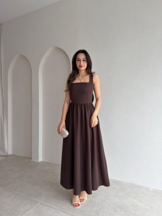 LYDİA Fiyonk Detaylı Maxi Elbise 4818 - Acı Kahve - 1