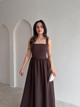 LYDİA Fiyonk Detaylı Maxi Elbise 4818 - Acı Kahve - 2
