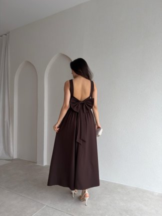 LYDİA Fiyonk Detaylı Maxi Elbise 4818 - Acı Kahve - 3