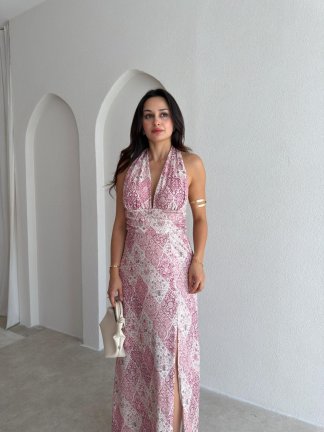 LYKİA Desenli Maxi Elbise 3053 - Pembe - 2
