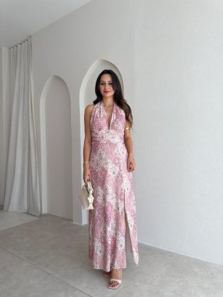 LYKİA Desenli Maxi Elbise 3053 - Pembe 