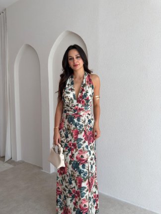 LYKİA Desenli Maxi Elbise 3053 - Beyaz - 2