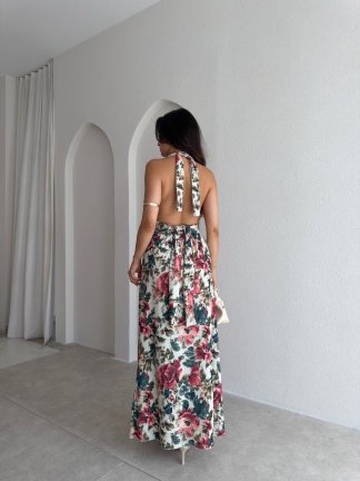 LYKİA Desenli Maxi Elbise 3053 - Beyaz - 3