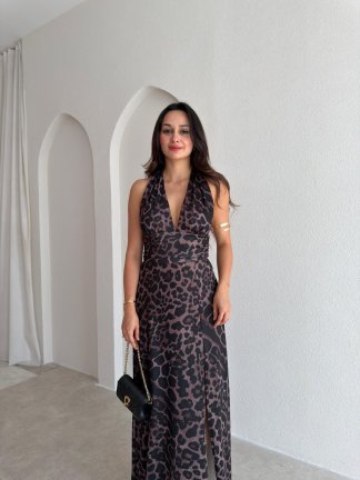 LYKİA Desenli Maxi Elbise 3053 - Siyah - 2