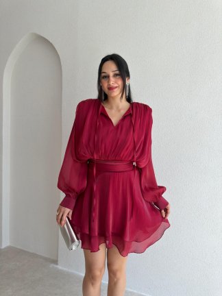 LYOCELL Mini Elbise 6341 - Bordo 