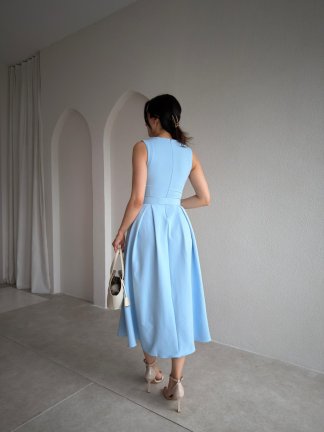 MAGNETO Kemerli Midi Elbise 5505 - Bebe Mavisi - 3