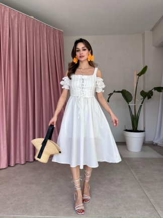 MALLORY Midi Elbise 2551 - Beyaz - 2