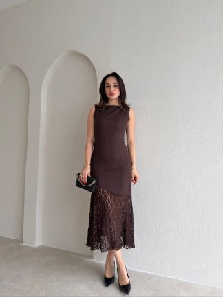 MANOLO Dantel Detaylı Midi Elbise 8960 - Acı Kahve - 2