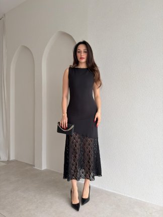 MANOLO Dantel Detaylı Midi Elbise 8960 - Siyah - 2