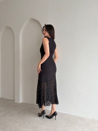 MANOLO Dantel Detaylı Midi Elbise 8960 - Siyah - 3