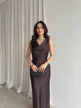 MANUA Saten Elbise 8703 - Acı Kahve - 2