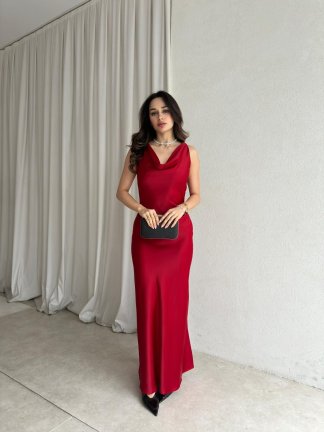 MANUA Saten Elbise 8703 - Kırmızı - 1