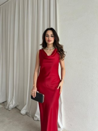 MANUA Saten Elbise 8703 - Kırmızı - 2