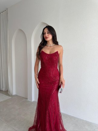 MARİE Taşlı Maxi Elbise 3004 - Bordo - 2