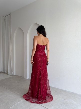 MARİE Taşlı Maxi Elbise 3004 - Bordo - 3