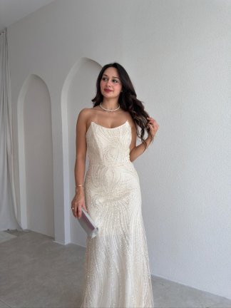 MARİE Taşlı Maxi Elbise 3004 - Krem Rengi - 2