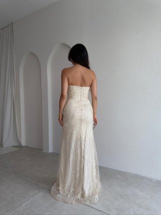 MARİE Taşlı Maxi Elbise 3004 - Krem Rengi - 3