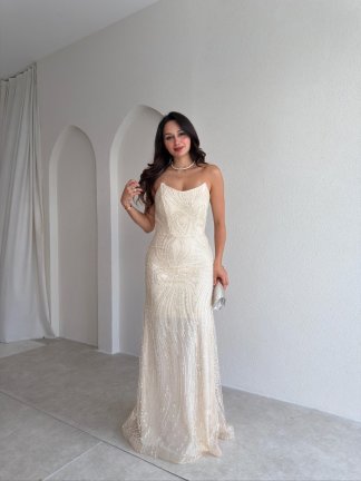 MARİE Taşlı Maxi Elbise 3004 - Krem Rengi 