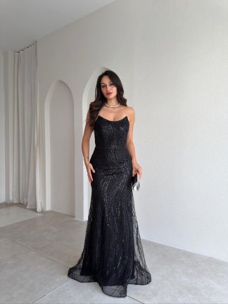 MARİE Taşlı Maxi Elbise 3004 - Siyah 