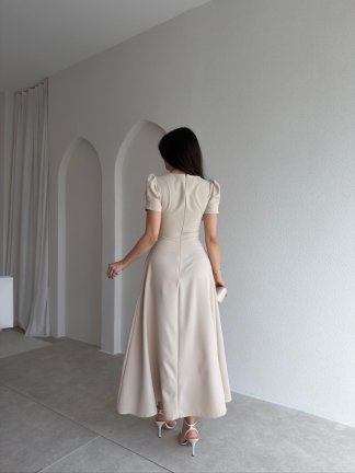  MARSİLYA Dantel Detaylı Elbise 5446 - Krem Rengi - 3