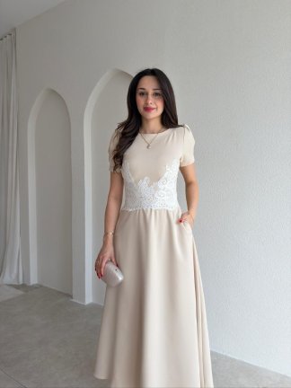  MARSİLYA Dantel Detaylı Elbise 5446 - Krem Rengi - 2